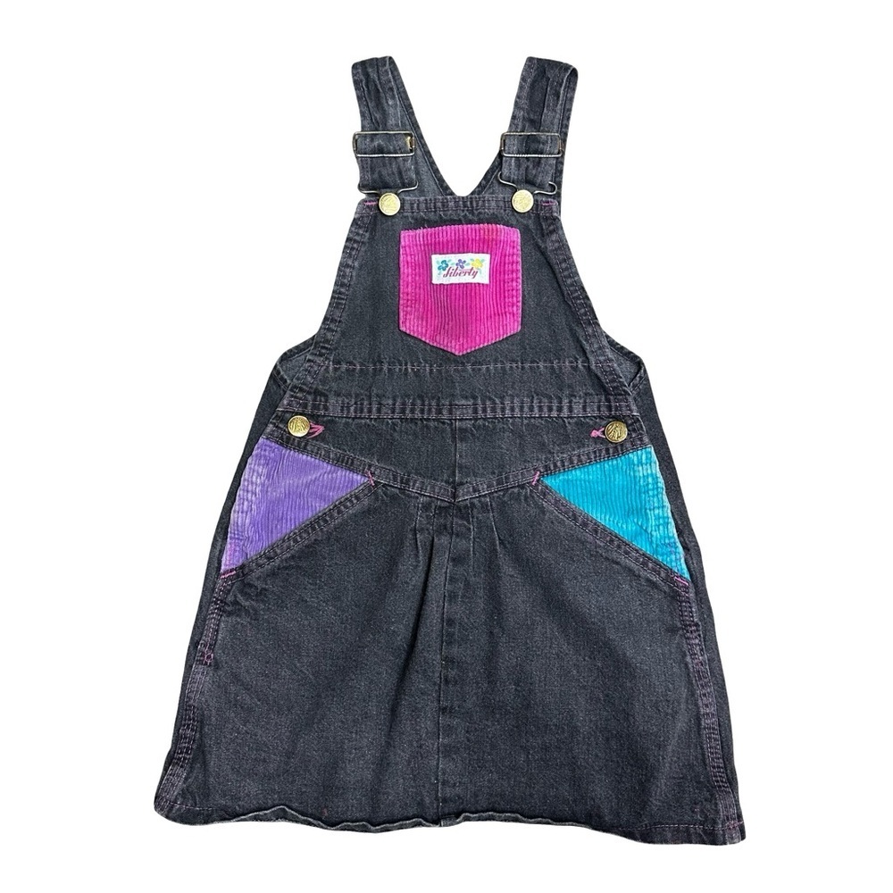 VTG 80s 90s Liberty Black Denim with Corduroy Patches Overall Dress Size 5 USA